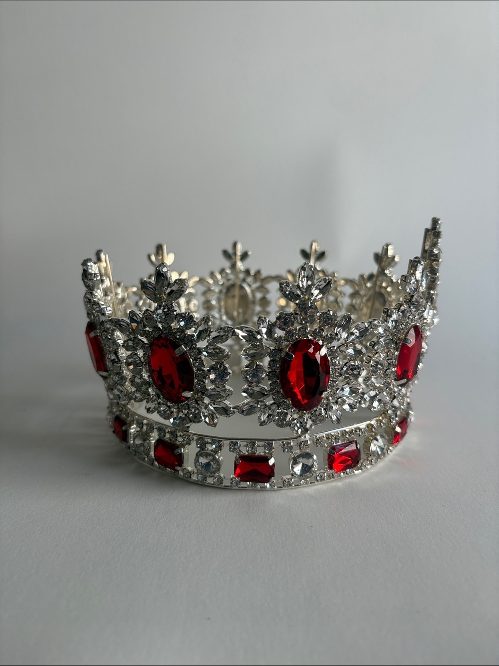 Silver Tiara Crown Red Clear Rhinestone Regal Costume Piece - Picture 7 of 8